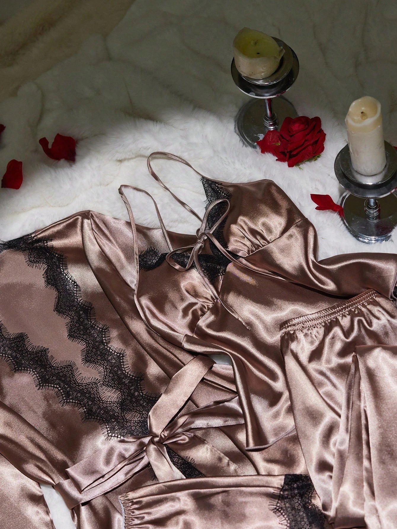 Women Sexy Lace Camisole, Floral Trim Shorts, Pants & Silky Robe Sleepwear Set