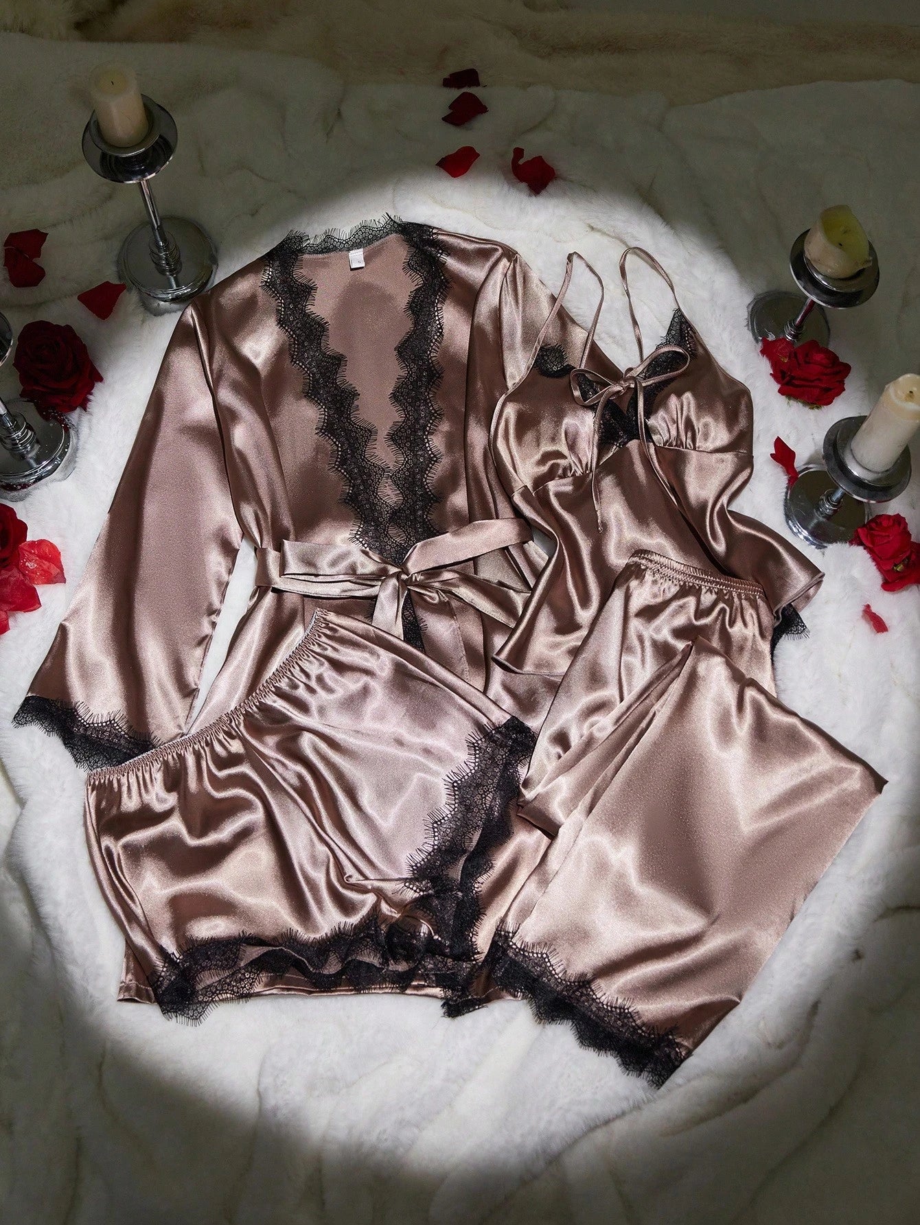 Women Sexy Lace Camisole, Floral Trim Shorts, Pants & Silky Robe Sleepwear Set