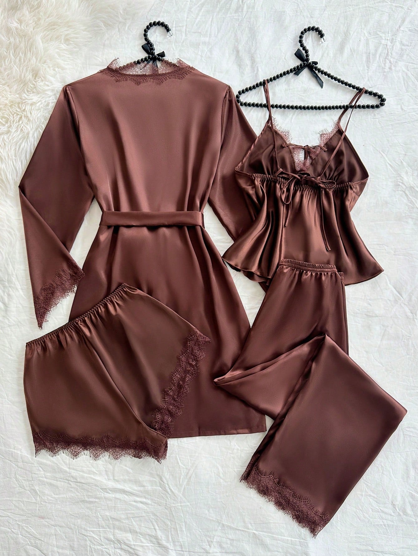 4pcs Women Sexy Lace Camisole Top , Floral Trim Shorts, Pants & Silky Belted Robe
