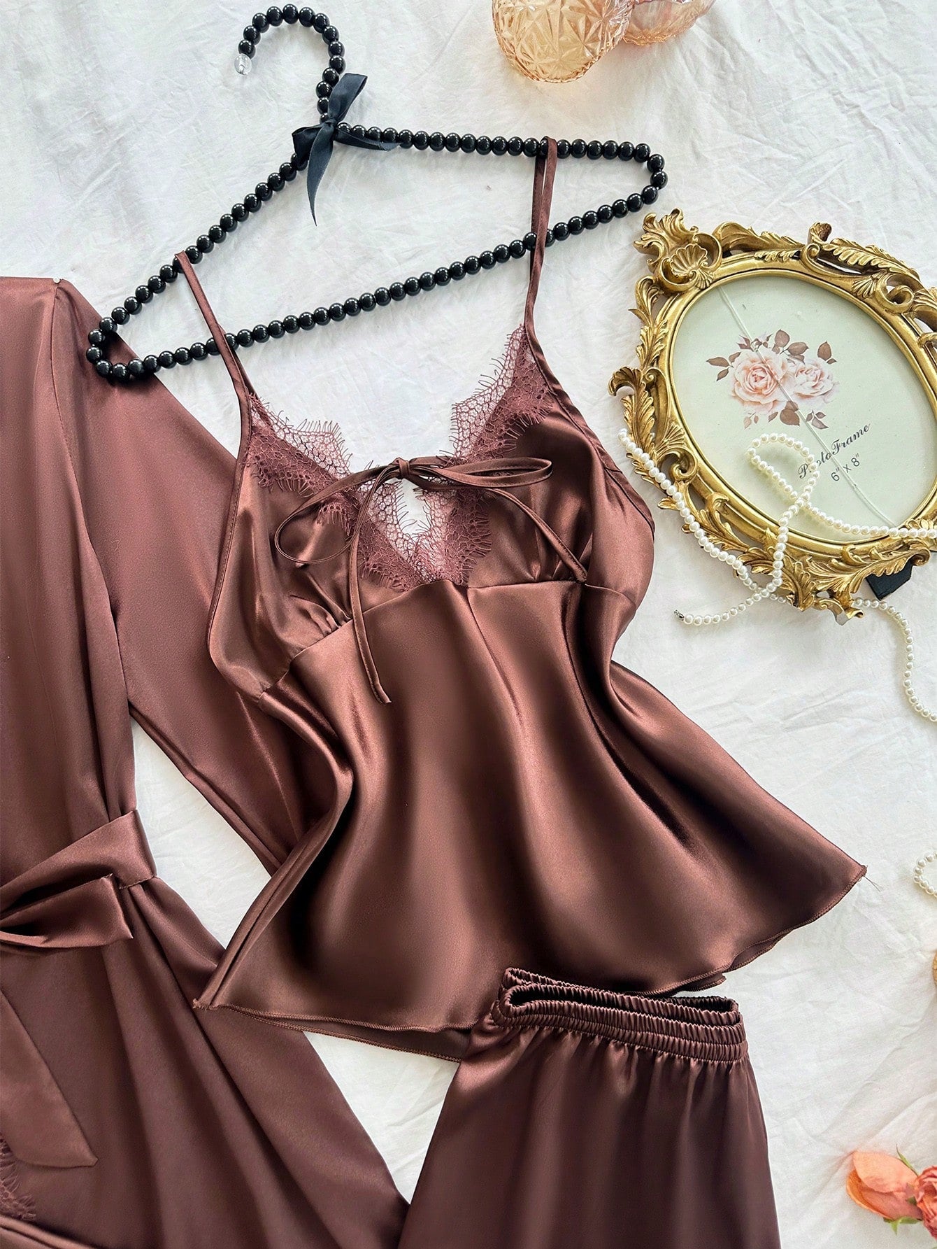 4pcs Women Sexy Lace Camisole Top , Floral Trim Shorts, Pants & Silky Belted Robe