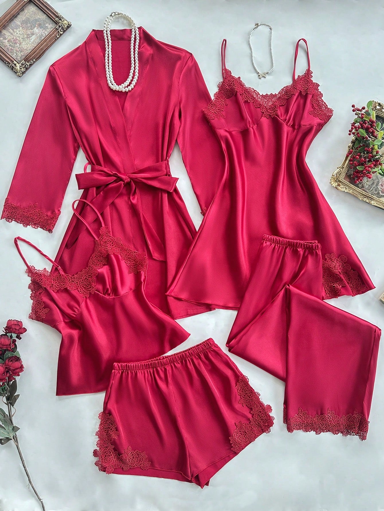 Women Embroidered Edge Camisole Top, Shorts, Pants, Nightdress, Robe, Faux Silk Pajamas