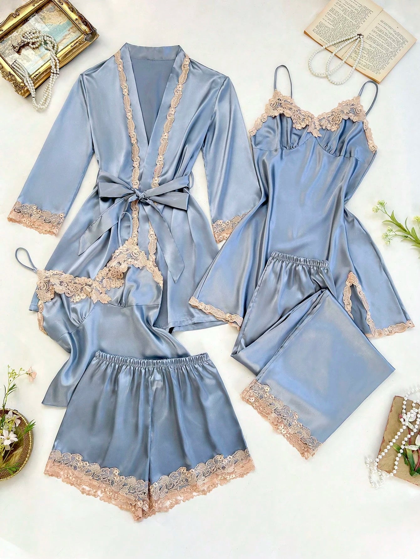 5pcs Set Of Contrast Lace Trim Faux Silk Camisole Top, Shorts, Pants, Robe & Nightgown