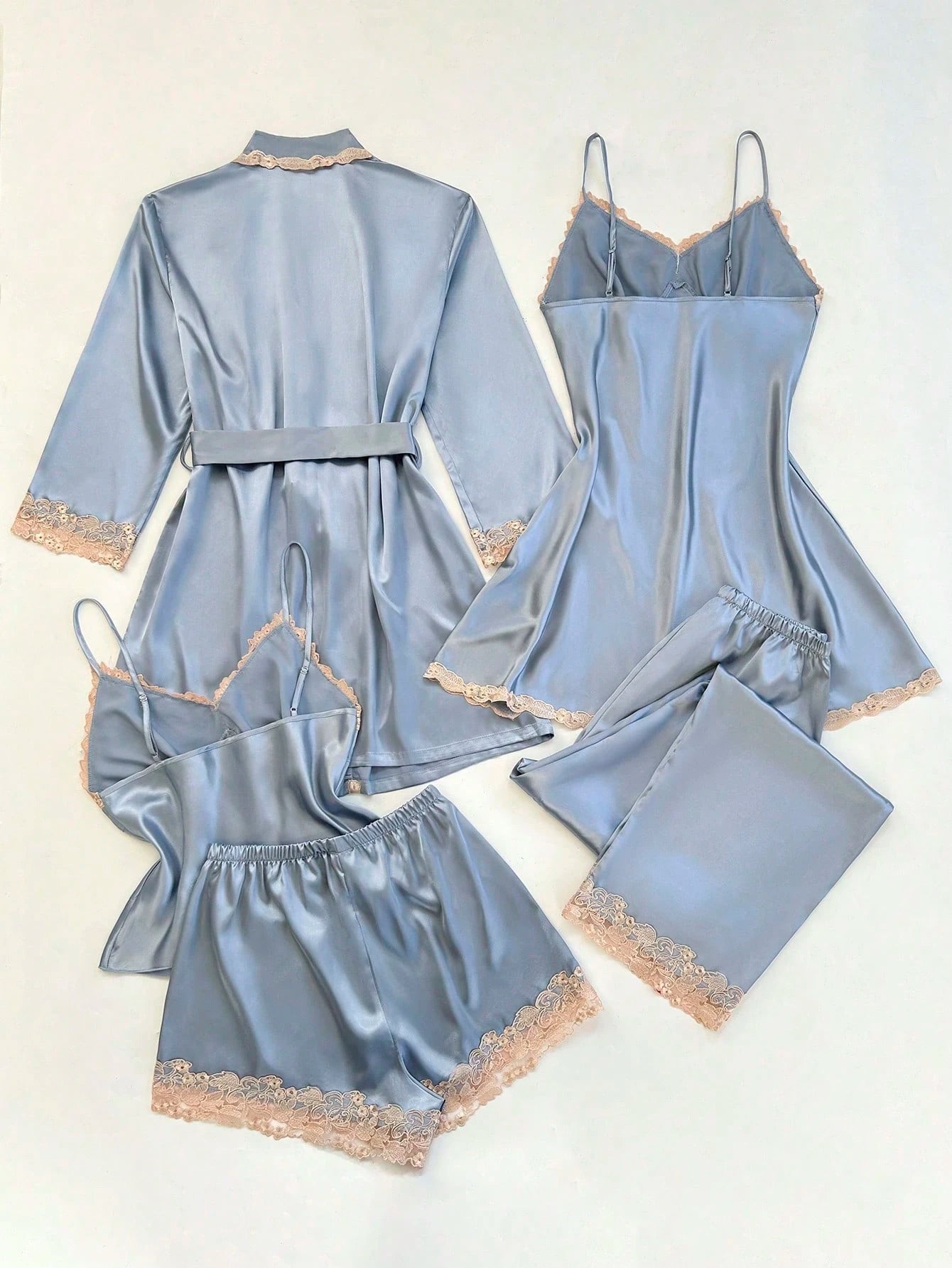 5pcs Set Of Contrast Lace Trim Faux Silk Camisole Top, Shorts, Pants, Robe & Nightgown