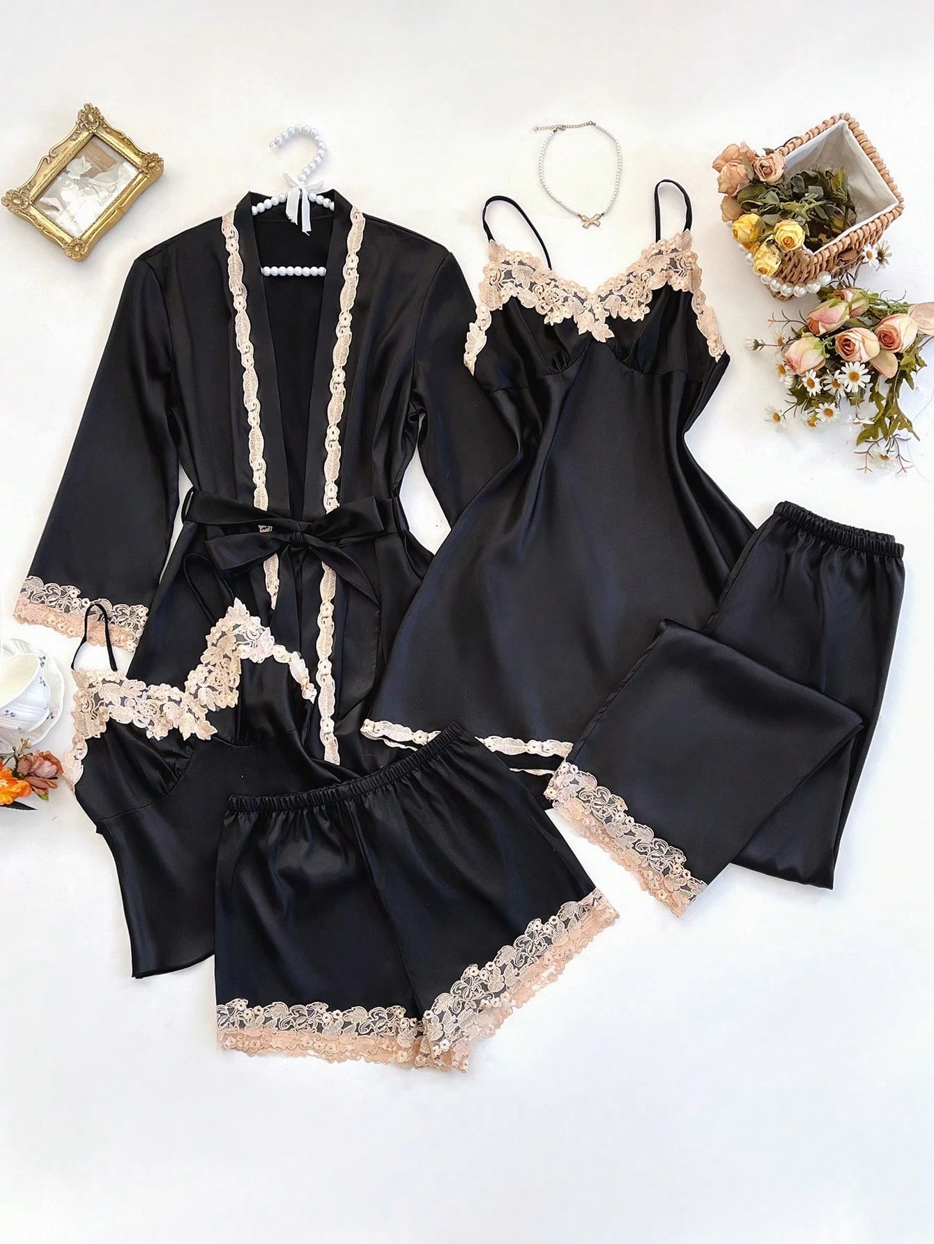 5pcs Set Of Contrast Lace Trim Faux Silk Camisole Top, Shorts, Pants, Robe & Nightgown