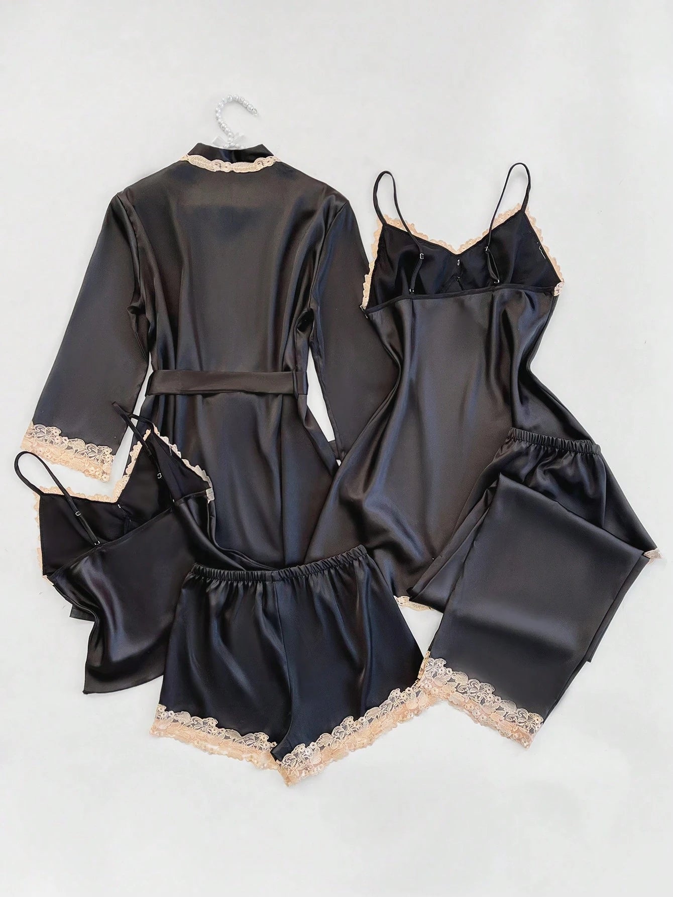 5pcs Set Of Contrast Lace Trim Faux Silk Camisole Top, Shorts, Pants, Robe & Nightgown
