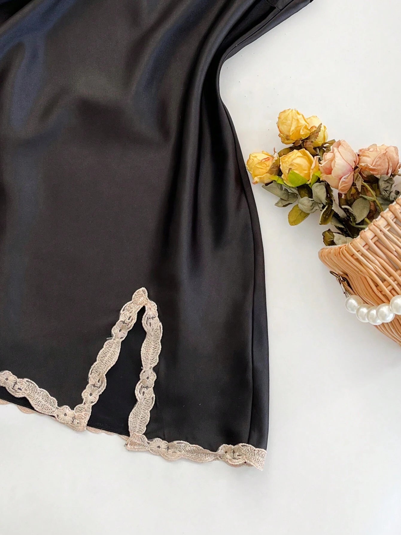 5pcs Set Of Contrast Lace Trim Faux Silk Camisole Top, Shorts, Pants, Robe & Nightgown