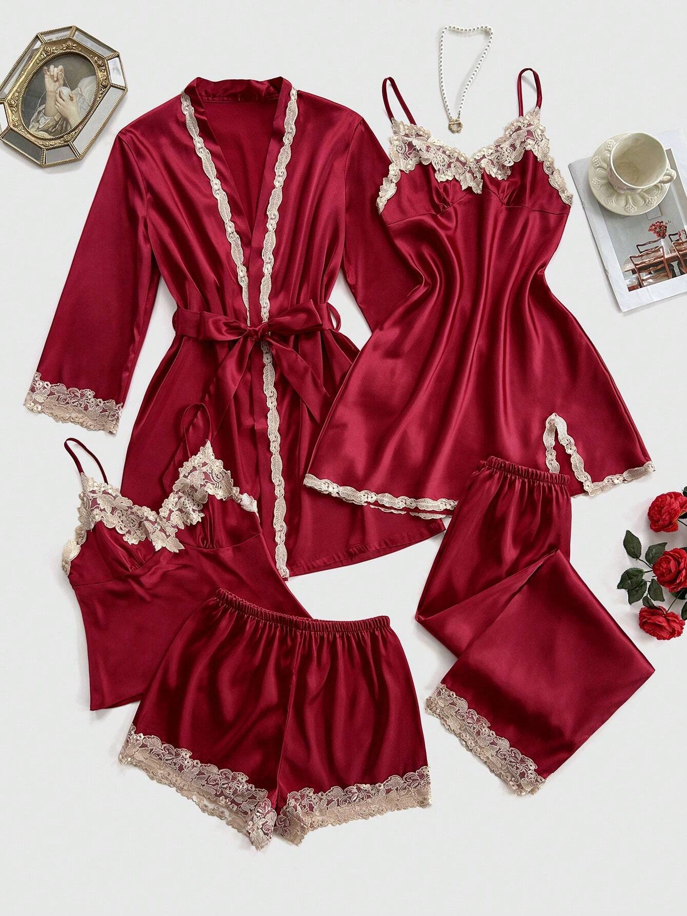 5pcs Set Of Contrast Lace Trim Faux Silk Camisole Top, Shorts, Pants, Robe & Nightgown
