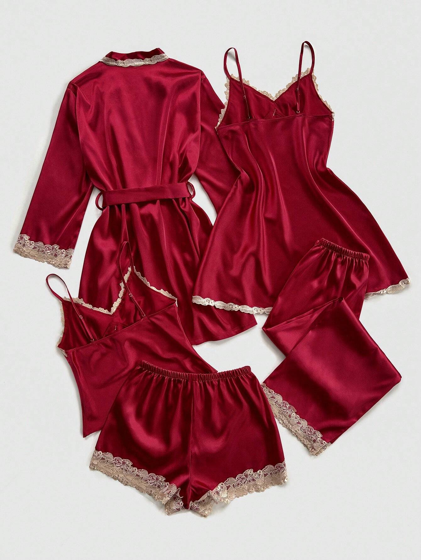 5pcs Set Of Contrast Lace Trim Faux Silk Camisole Top, Shorts, Pants, Robe & Nightgown