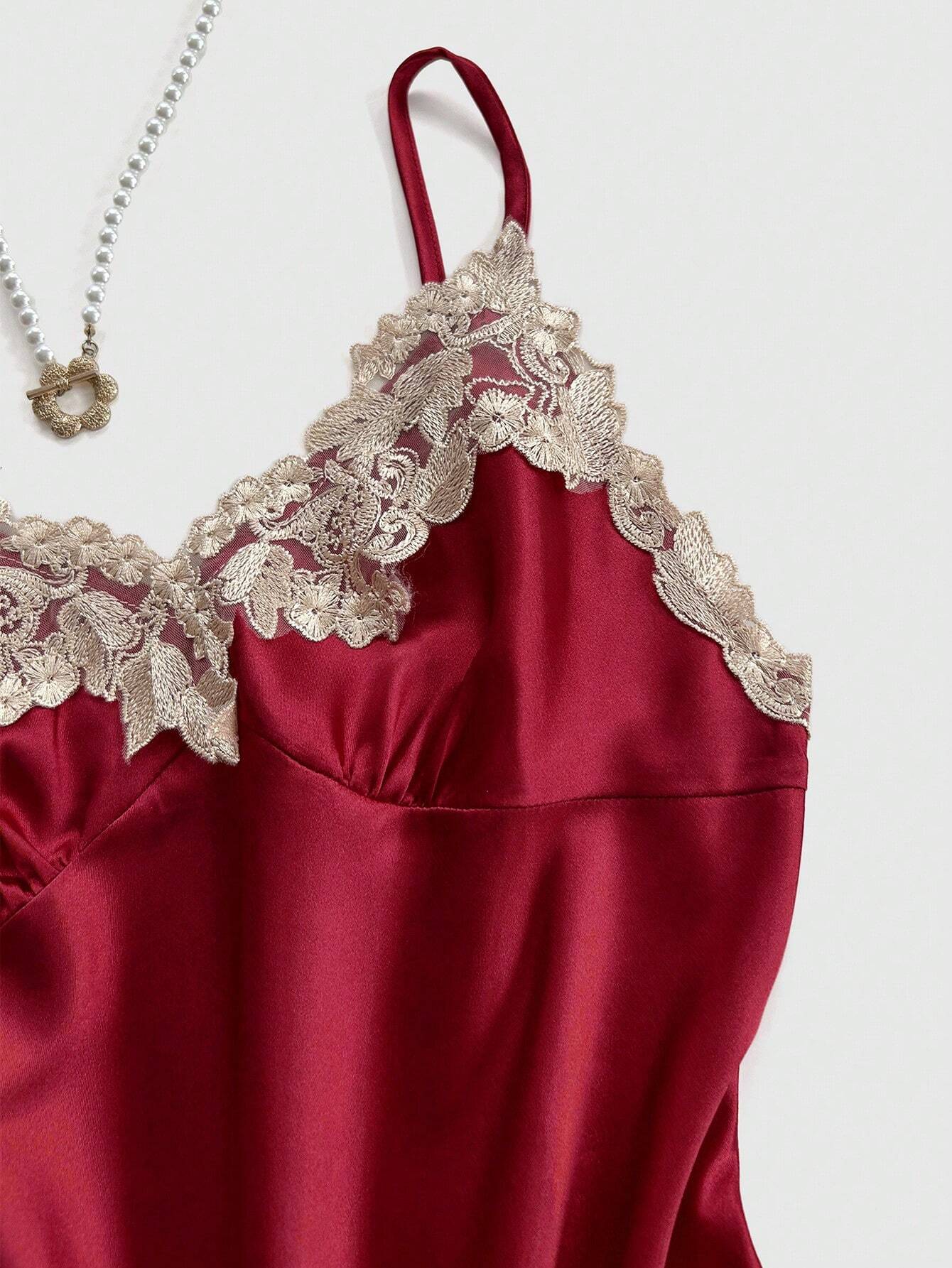 5pcs Set Of Contrast Lace Trim Faux Silk Camisole Top, Shorts, Pants, Robe & Nightgown