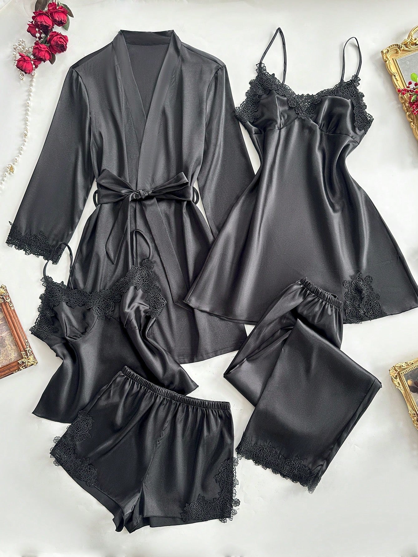 Women Embroidered Edge Camisole Top, Shorts, Pants, Nightdress, Robe, Faux Silk Pajamas