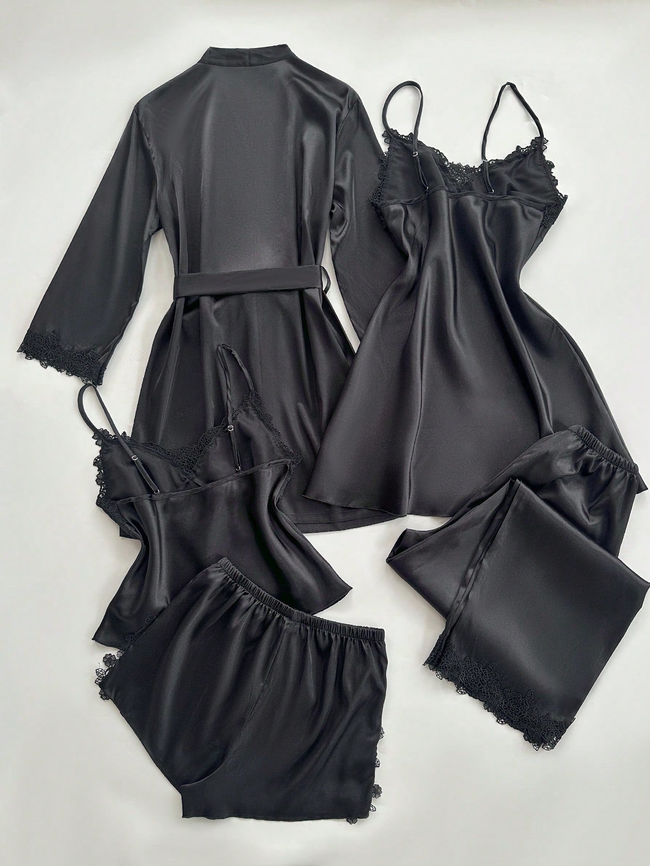 Women Embroidered Edge Camisole Top, Shorts, Pants, Nightdress, Robe, Faux Silk Pajamas