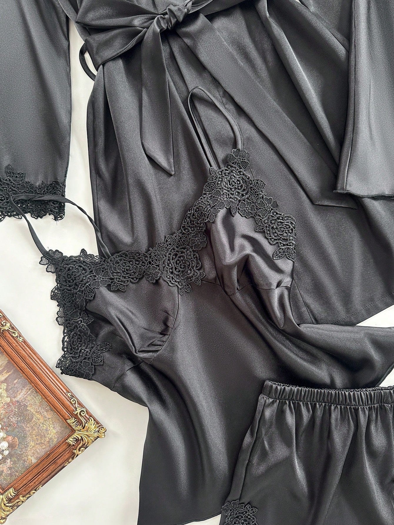 Women Embroidered Edge Camisole Top, Shorts, Pants, Nightdress, Robe, Faux Silk Pajamas