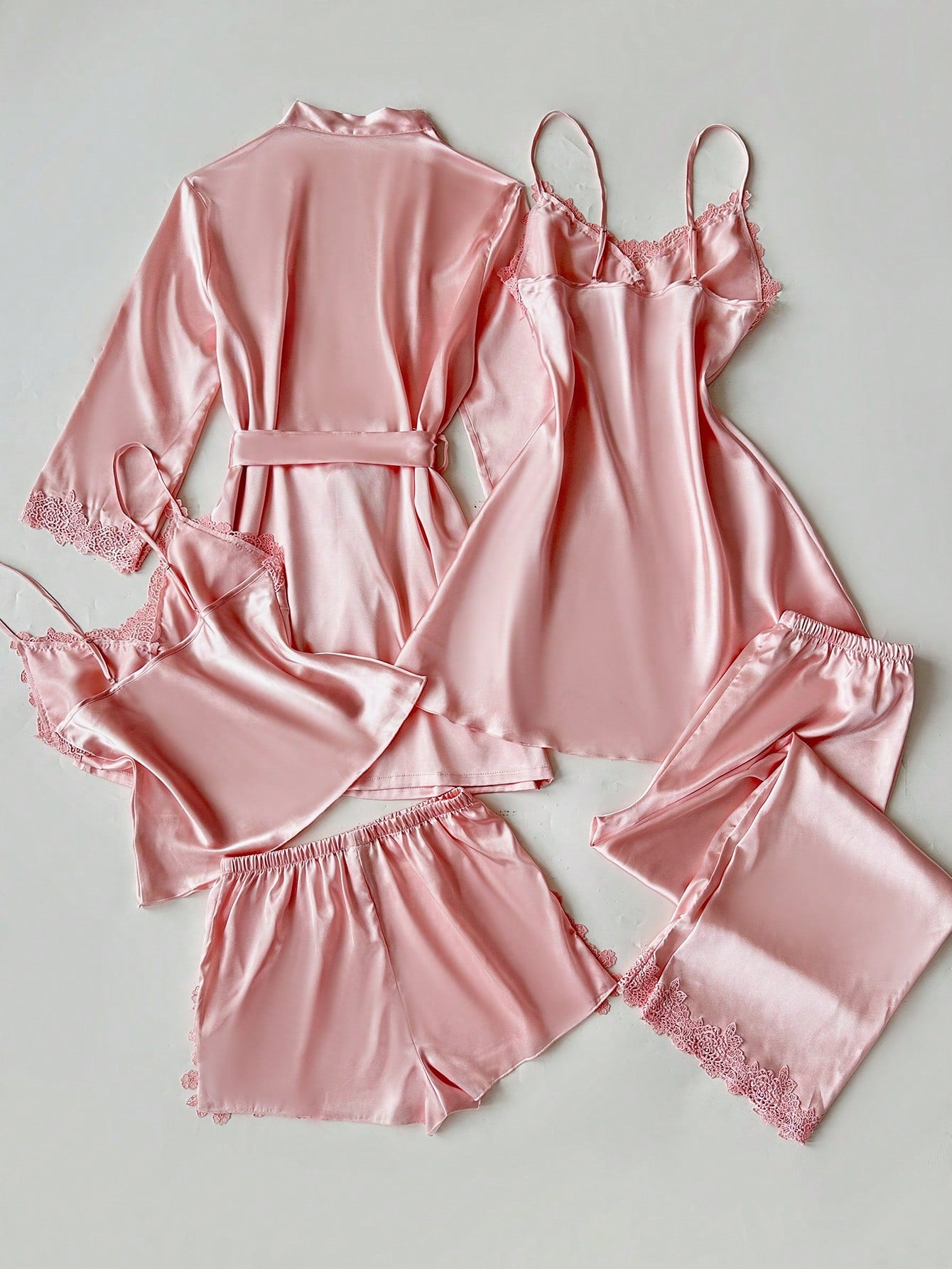 Women Embroidered Edge Camisole Top, Shorts, Pants, Nightdress, Robe, Faux Silk Pajamas