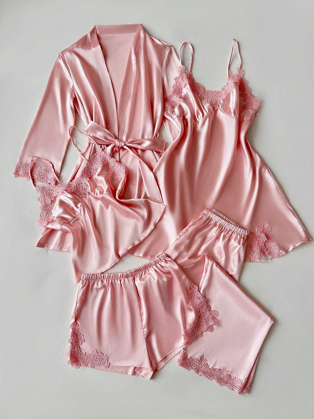 Women Embroidered Edge Camisole Top, Shorts, Pants, Nightdress, Robe, Faux Silk Pajamas