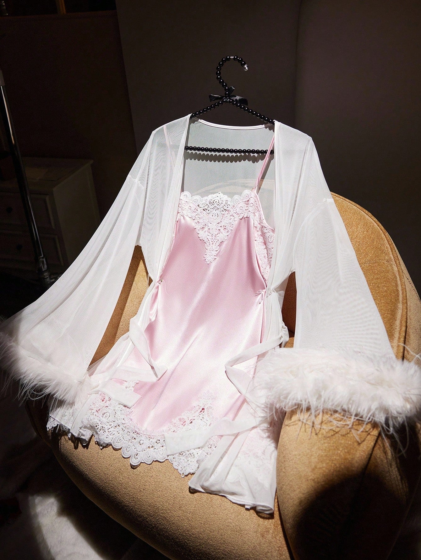 SilkySpell Elegant Sexy Sheer Lace Satin Women Sleepwear Set