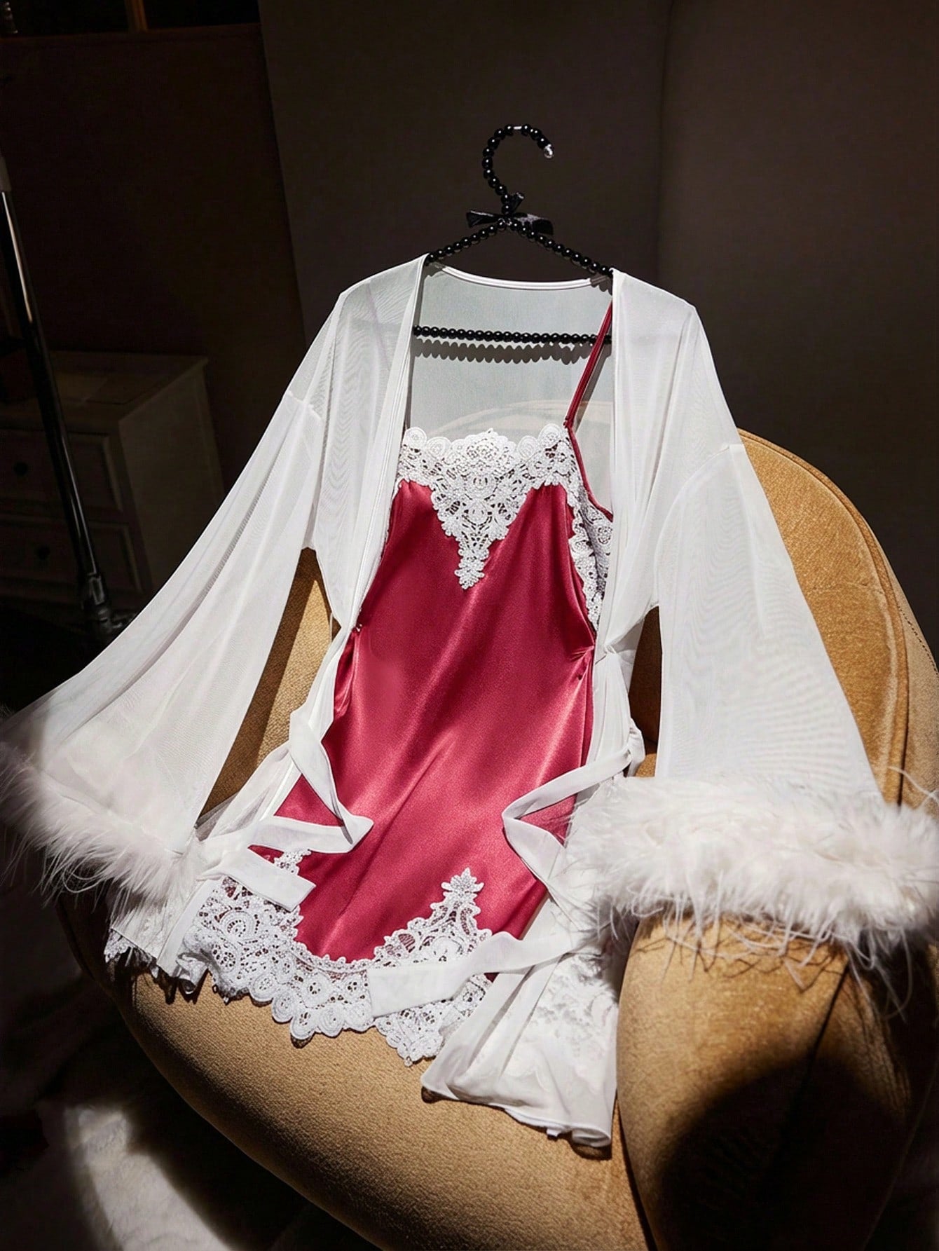 SilkySpell Elegant Sexy Sheer Lace Satin Women Sleepwear Set