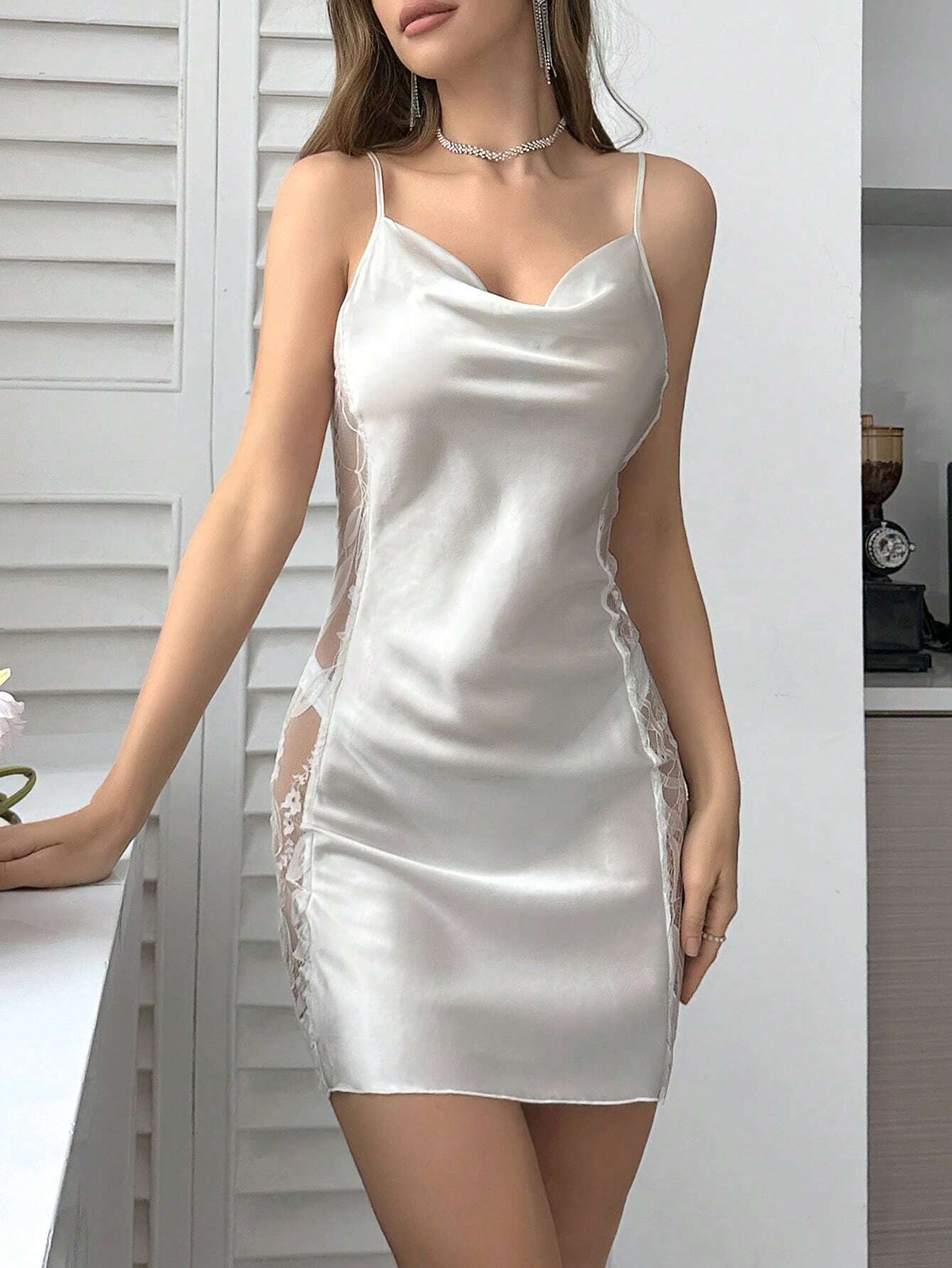 Lace Patchwork Silk-Like Draped Neck Women's Camisole Sleep Dress