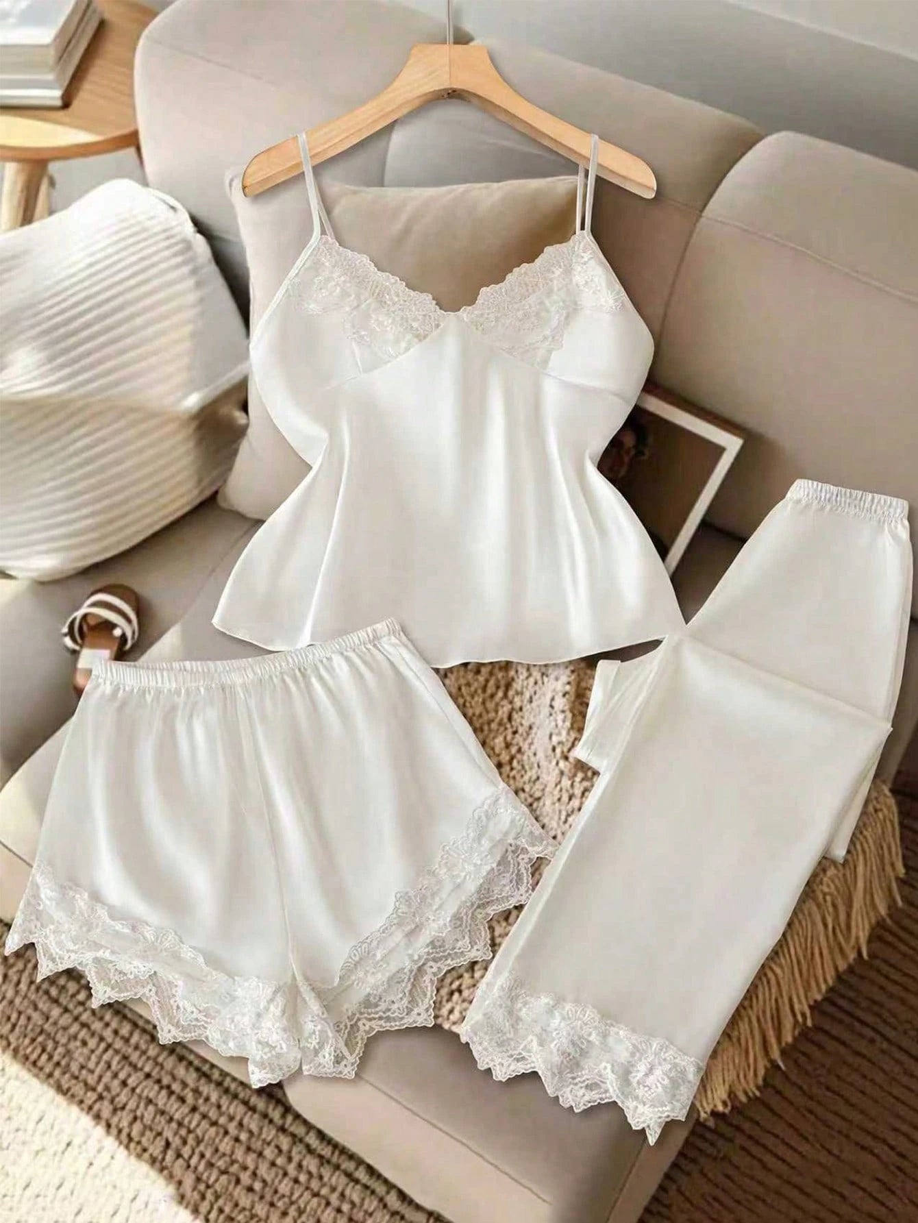 Lace Trim Spaghetti Strap Shorts And Pants