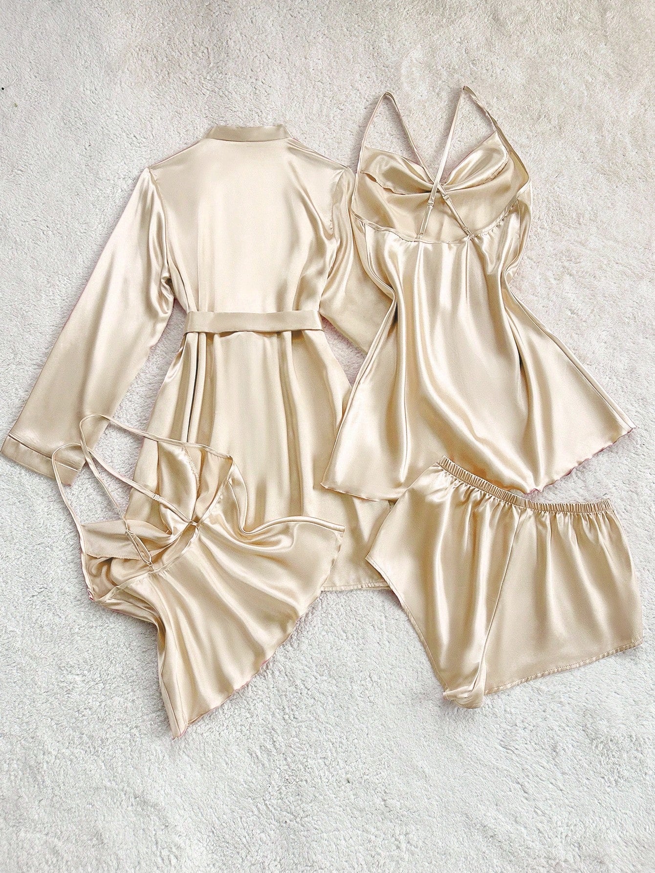 Plunging Neck Camisole Top, Shorts, And Robe Sleepwear Set