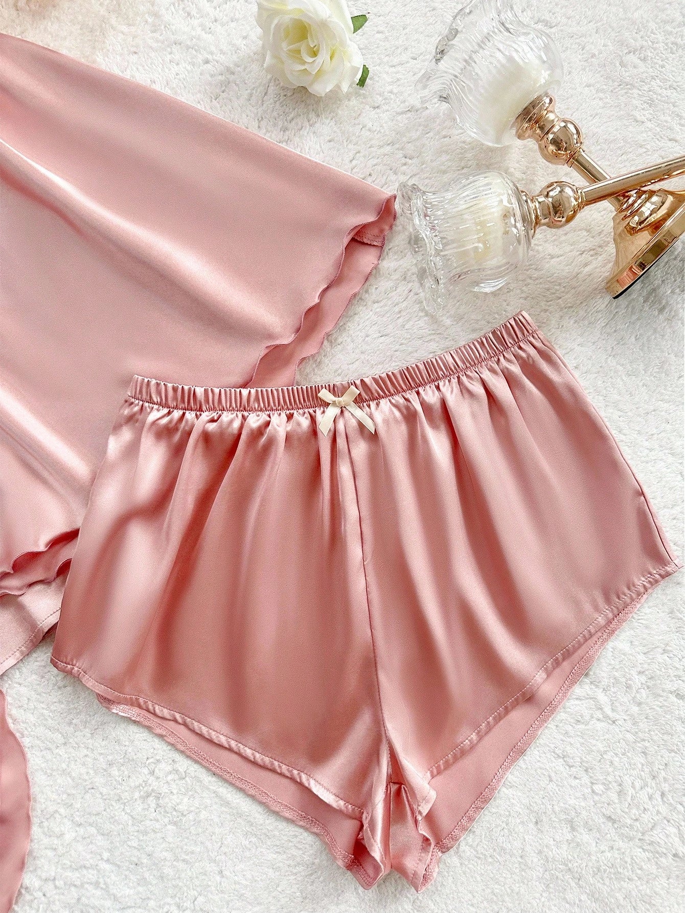 Plunging Neck Camisole Top, Shorts, And Robe Sleepwear Set