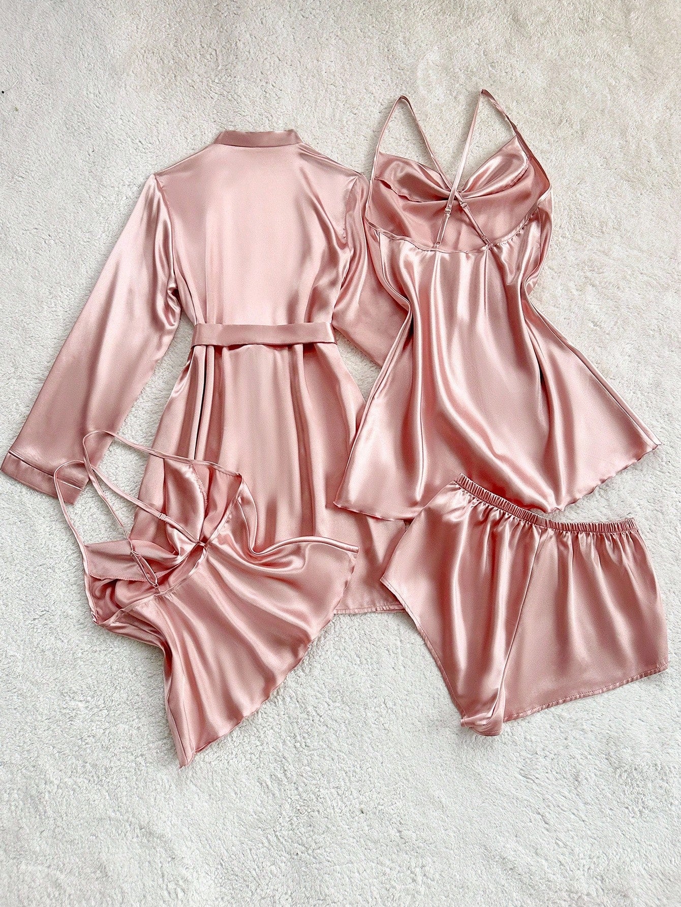 Plunging Neck Camisole Top, Shorts, And Robe Sleepwear Set