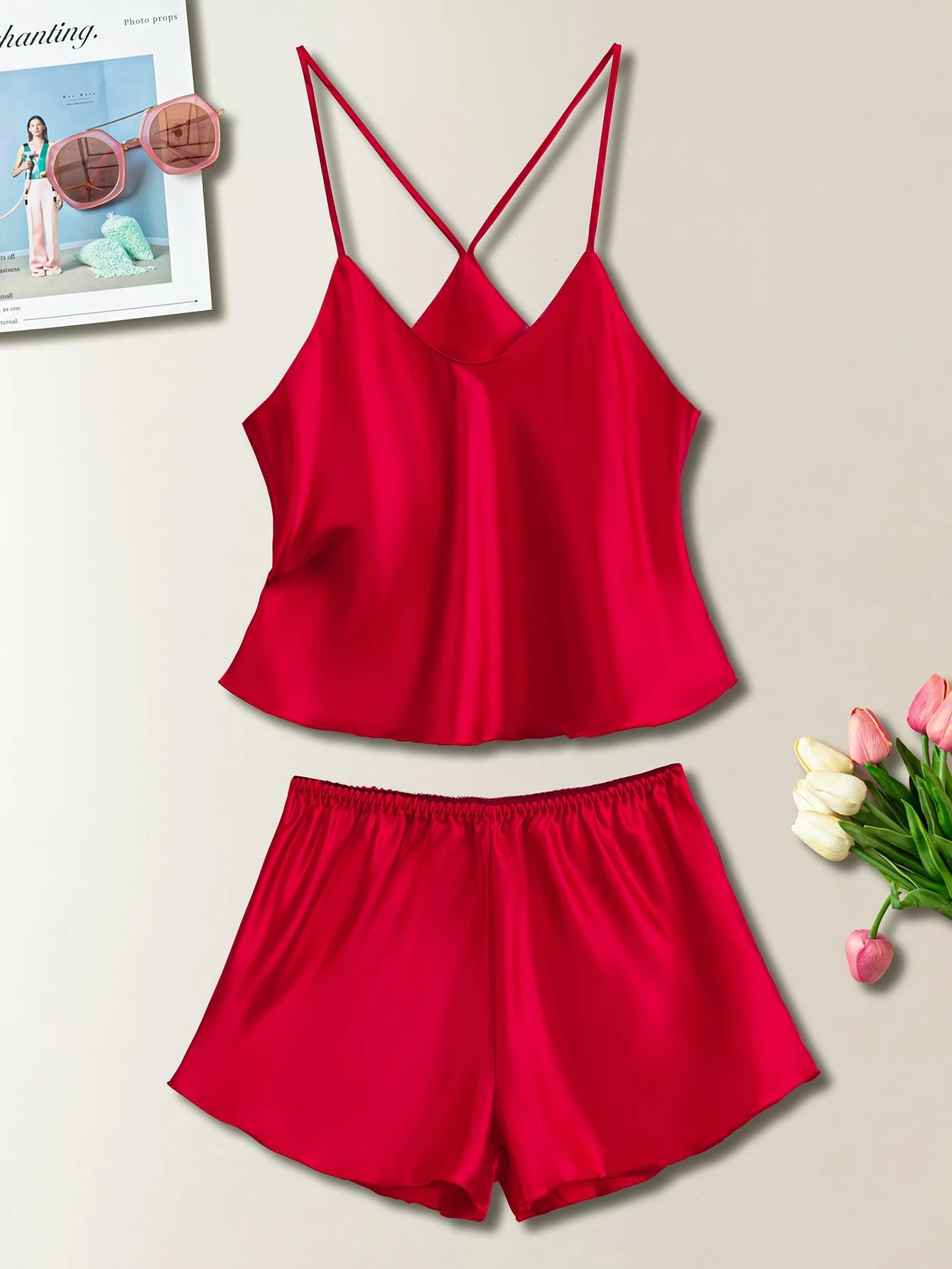 Women Solid Color Camisole And Shorts Pajama Set