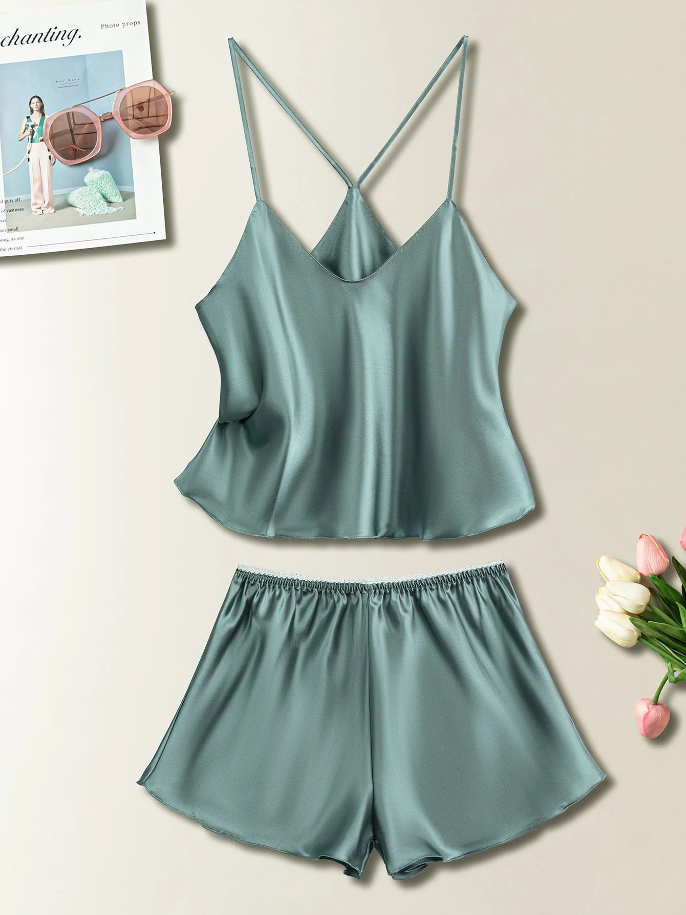 Women Solid Color Camisole And Shorts Pajama Set