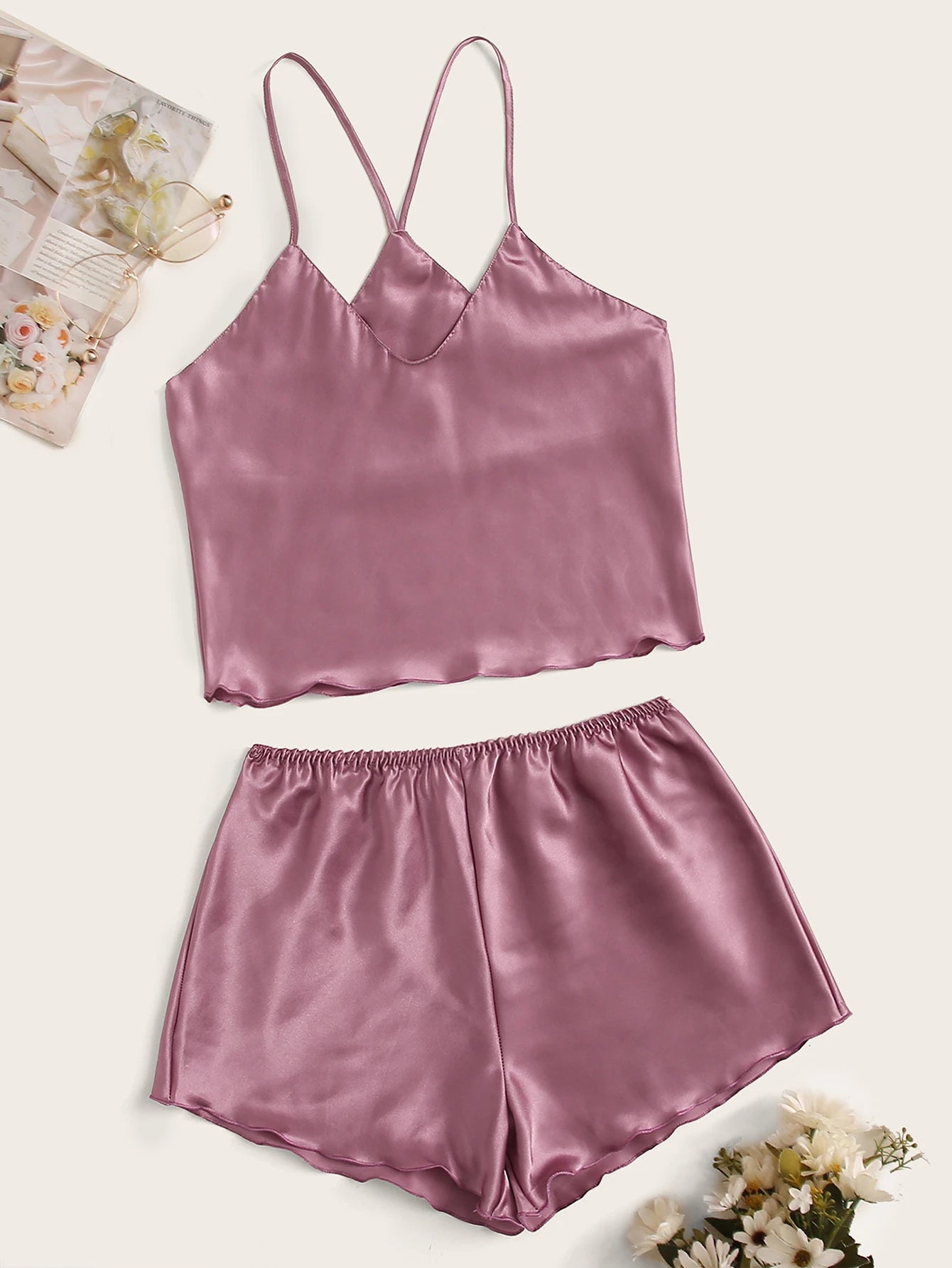 Women Solid Color Camisole And Shorts Pajama Set