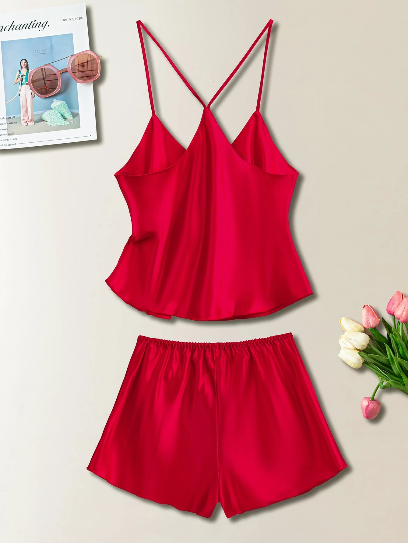 Women Solid Color Camisole And Shorts Pajama Set