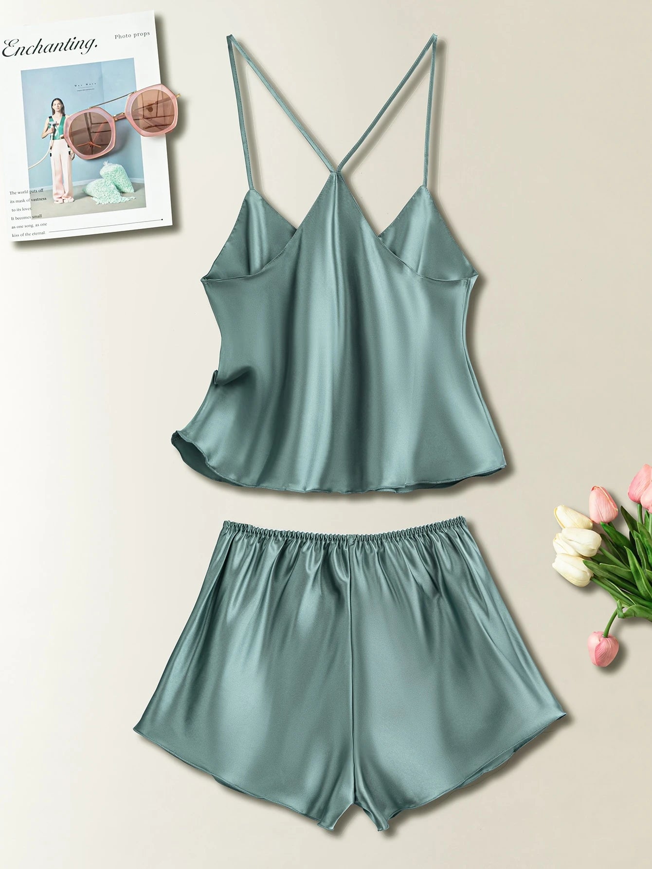 Women Solid Color Camisole And Shorts Pajama Set