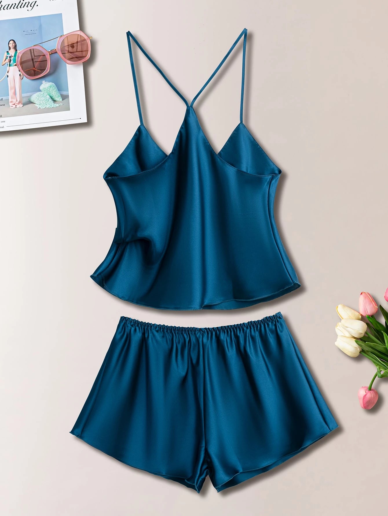 Women Solid Color Camisole And Shorts Pajama Set