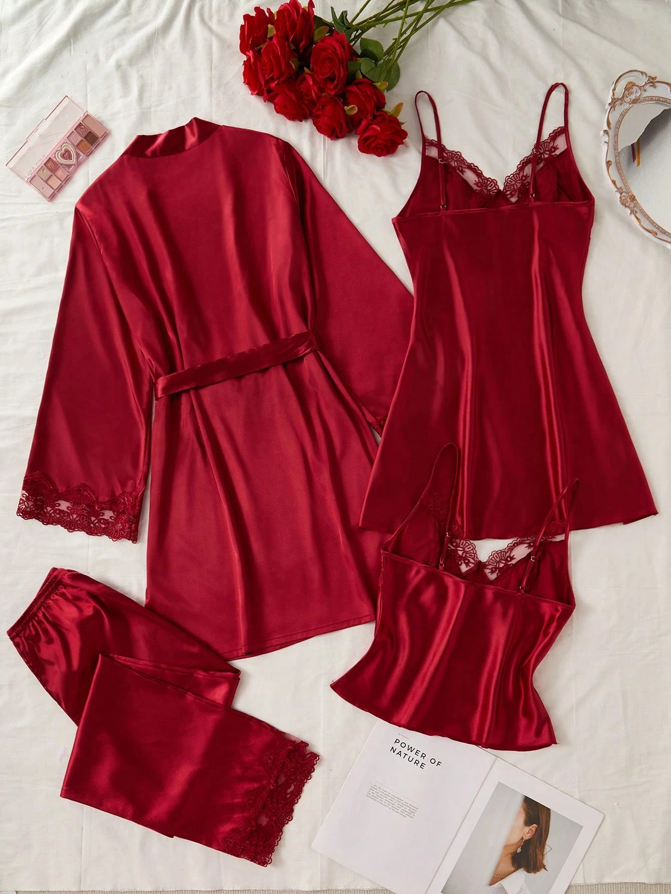Embroidered Lace Cami Top & Sleep Dress & Pants & Sleepwear Belted Robe
