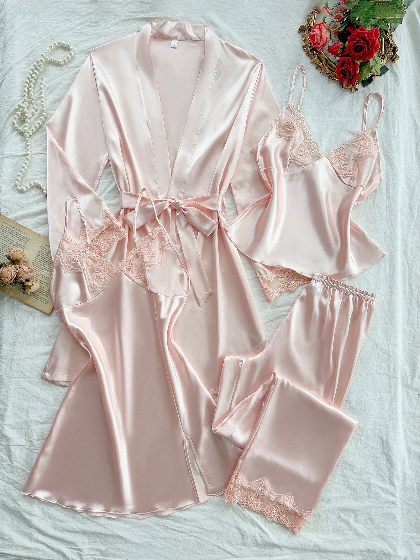Women's Elegant Embroidered Trim Spaghetti Strap Top & Pants & Nightgown Robe Set
