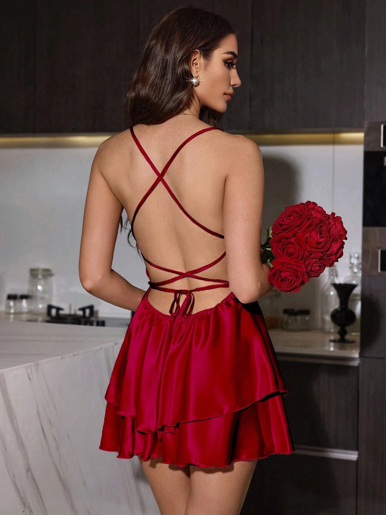 Women's Faux Silk Sexy Open Back Lace Up Red Slip Dress And Belted Robe