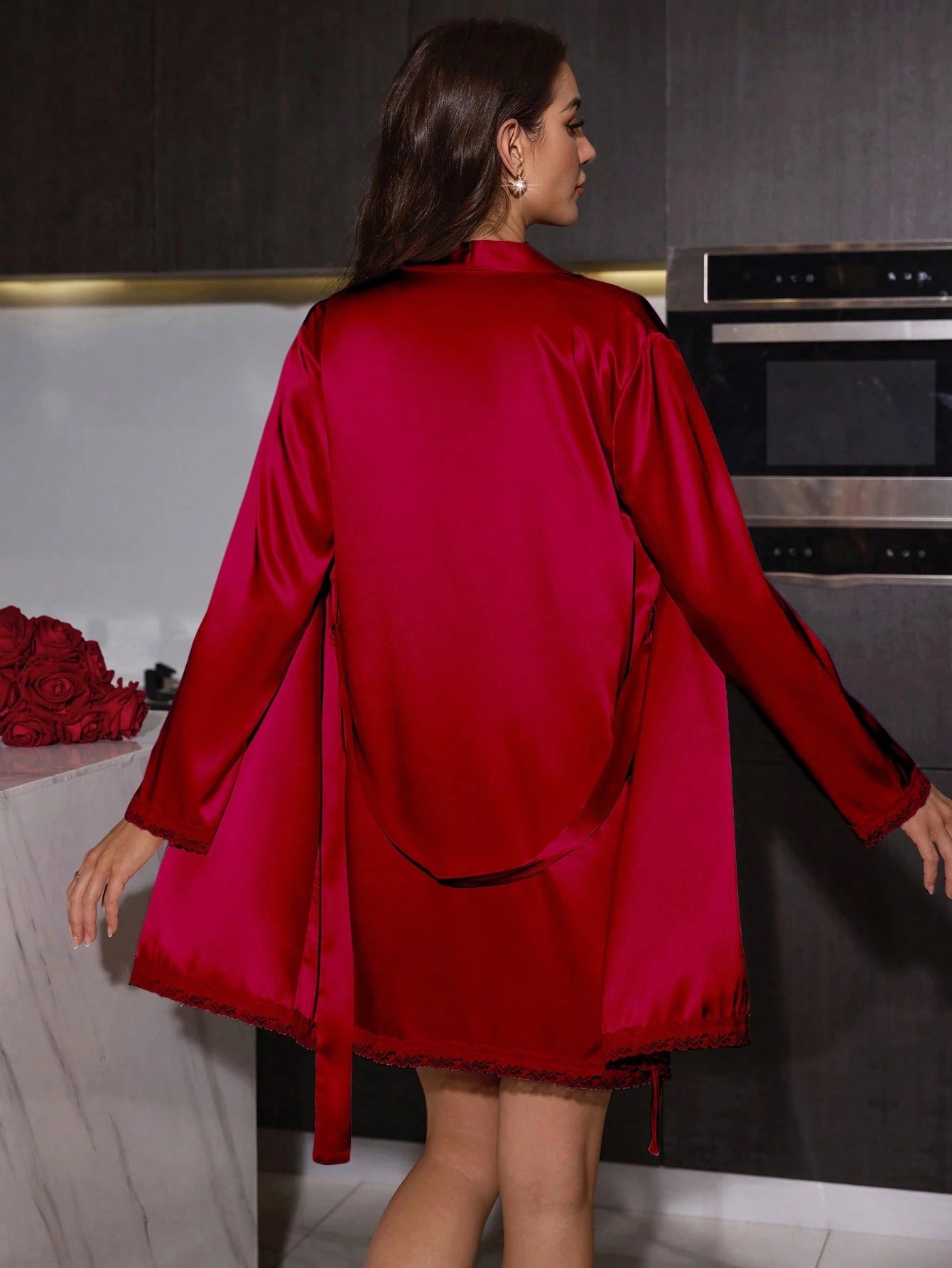 Women's Faux Silk Sexy Open Back Lace Up Red Slip Dress And Belted Robe