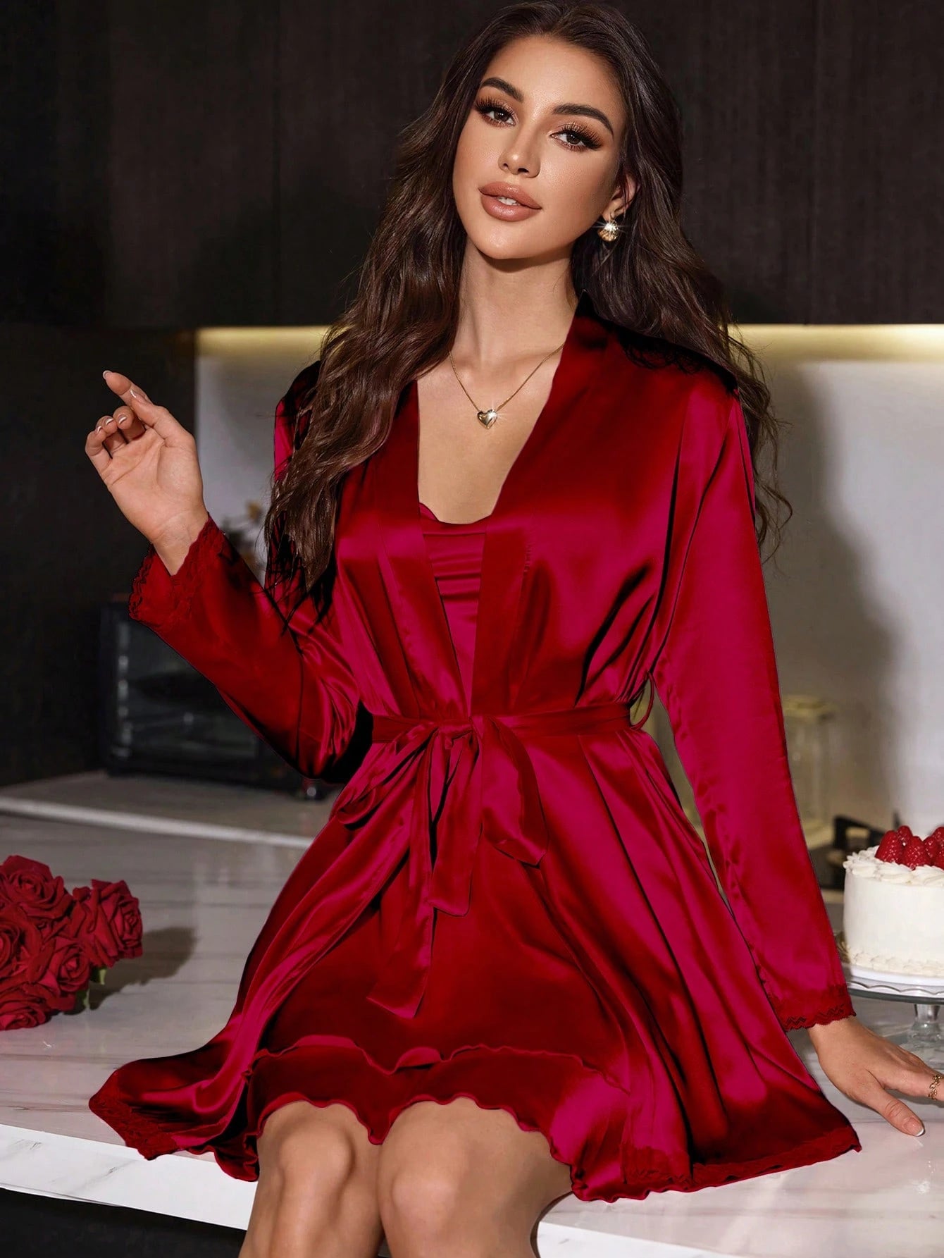 Women's Faux Silk Sexy Open Back Lace Up Red Slip Dress And Belted Robe