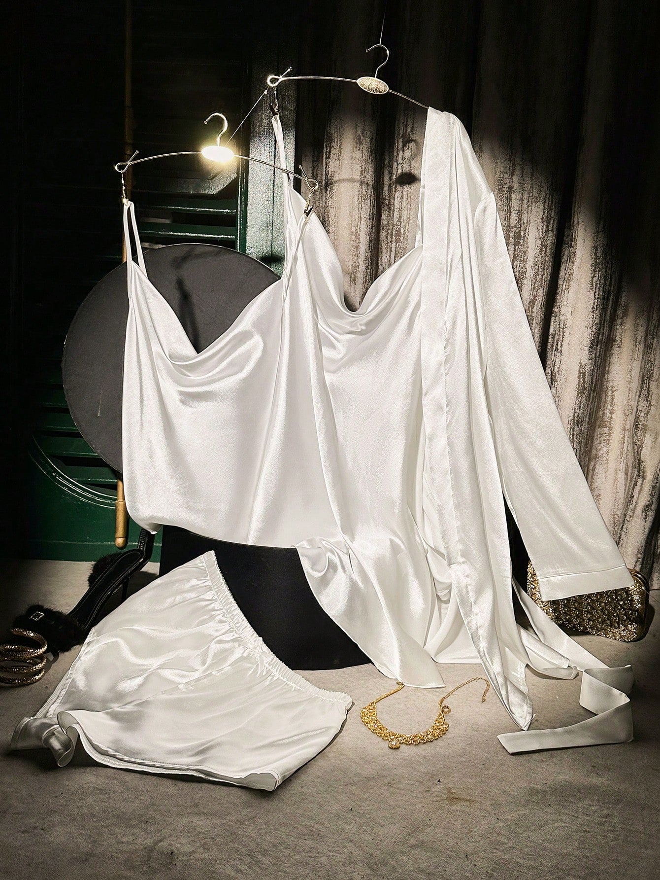 Plunging Neck Camisole Top, Shorts, And Robe Sleepwear Set White