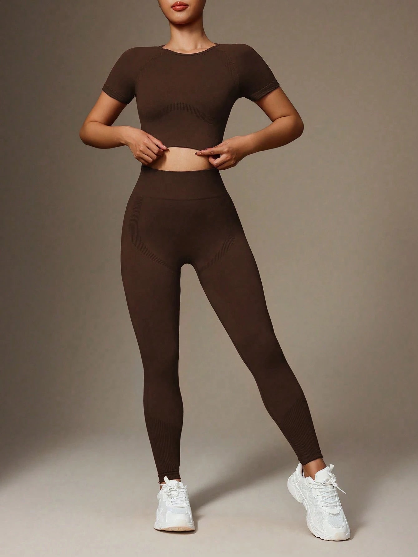 Solid Color Crew Neck Short Sleeve Top And Stretchy Seamless Long Pants