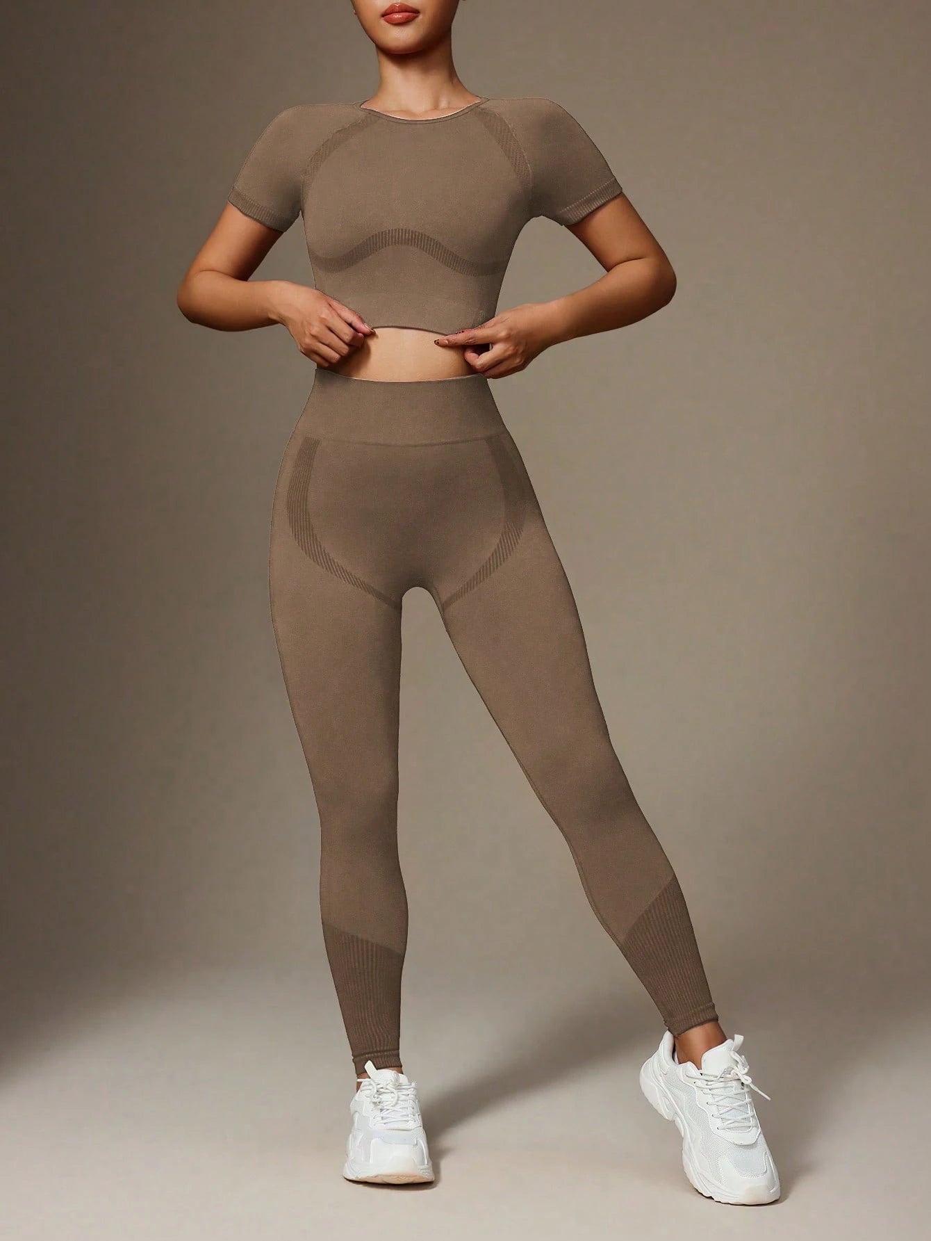 Solid Color Crew Neck Short Sleeve Top And Stretchy Seamless Long Pants