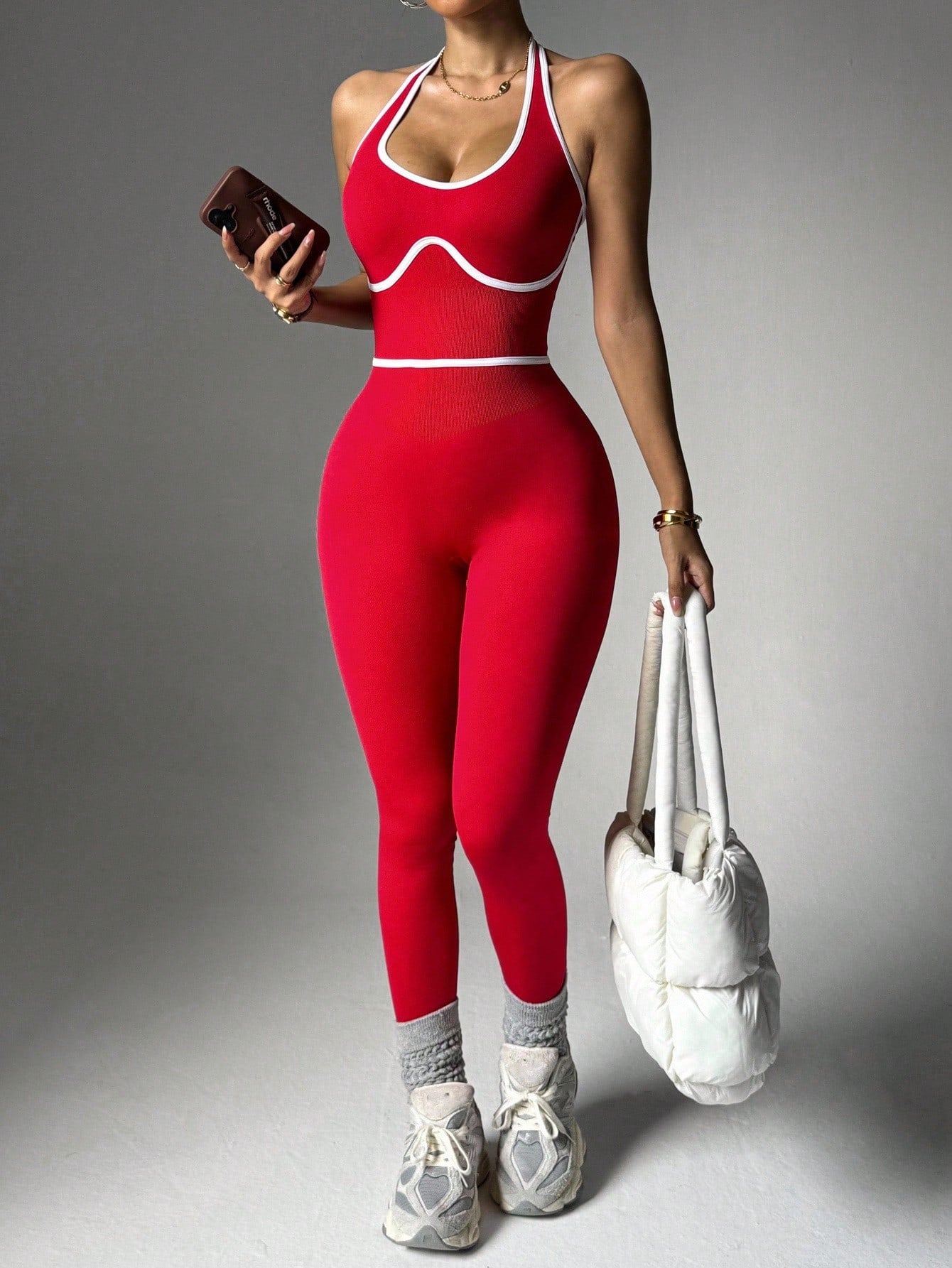 Contrast Trim Backless Halter Jumpsuit