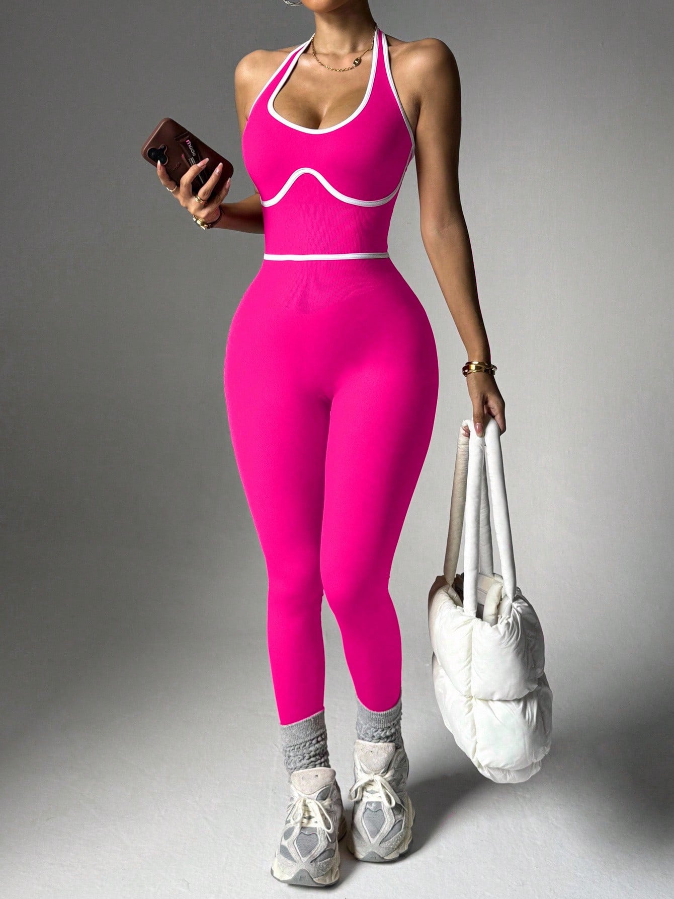 Contrast Trim Backless Halter Jumpsuit