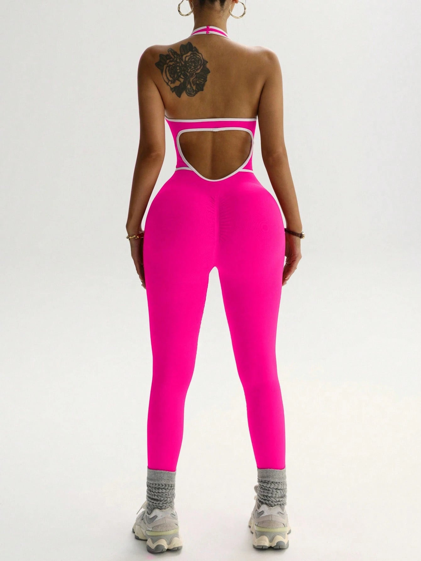 Contrast Trim Backless Halter Jumpsuit