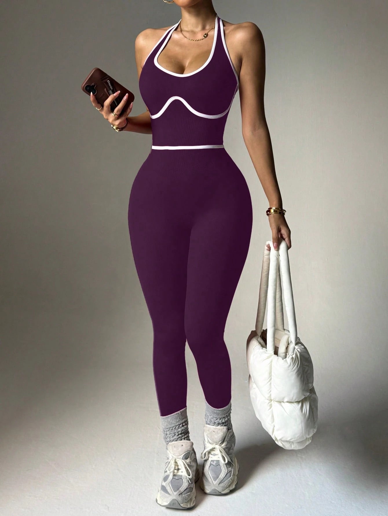 Contrast Trim Backless Halter Jumpsuit