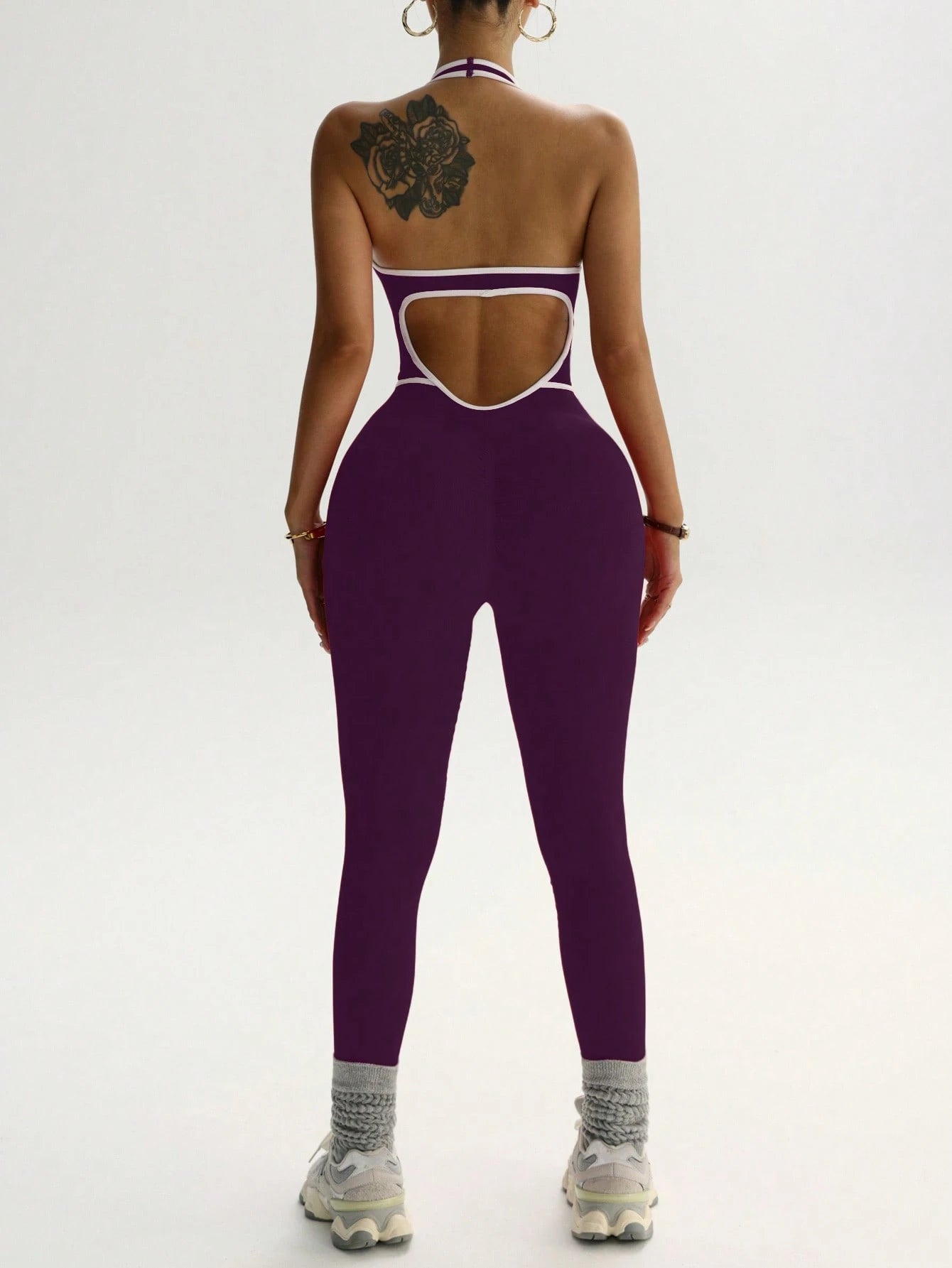 Contrast Trim Backless Halter Jumpsuit