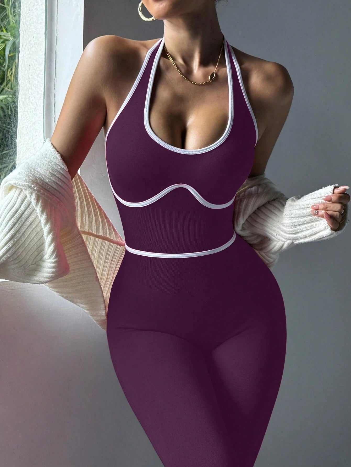 Contrast Trim Backless Halter Jumpsuit