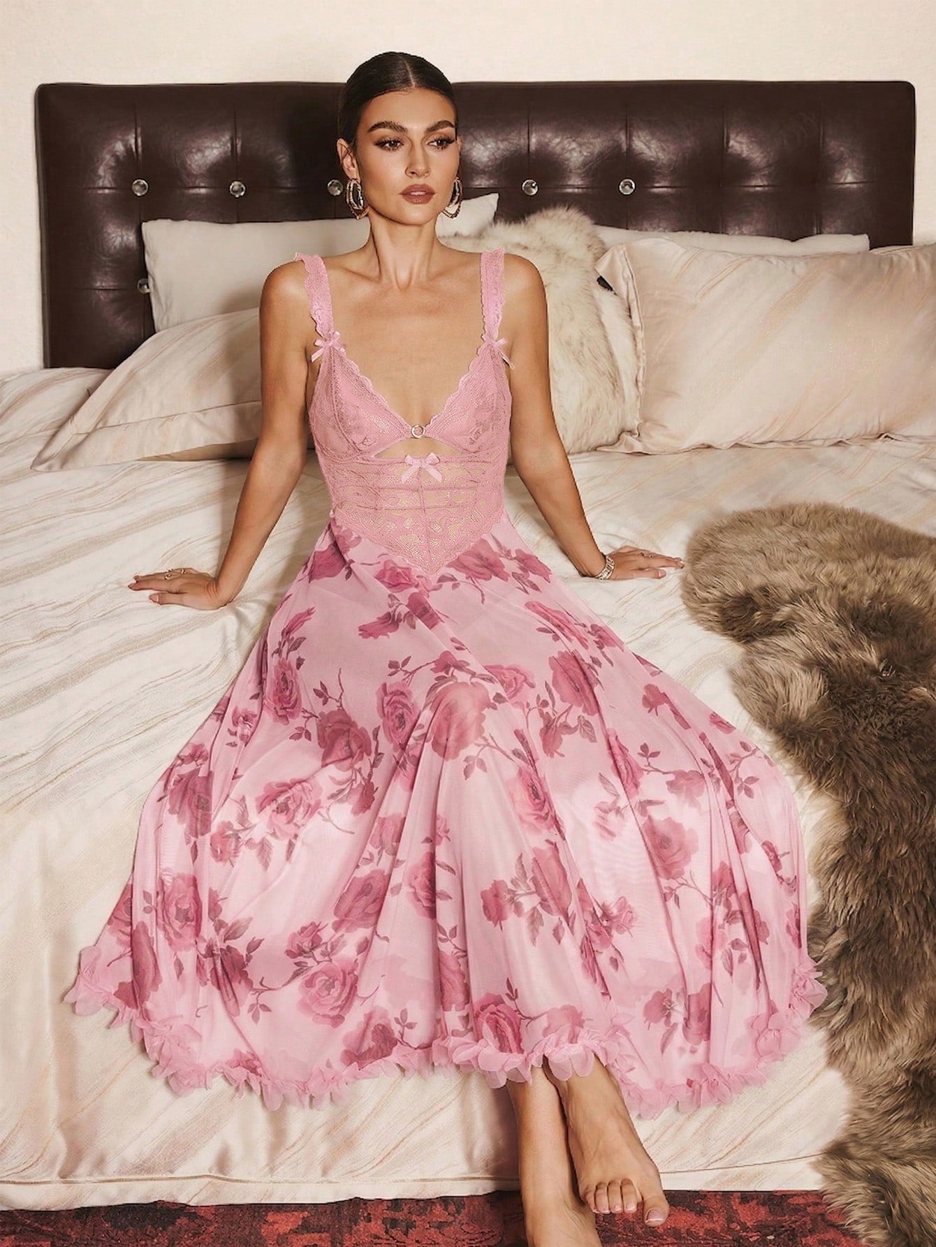Floral Lace & Mesh Sheer Lace Splice Sexy Camisole Nightgown