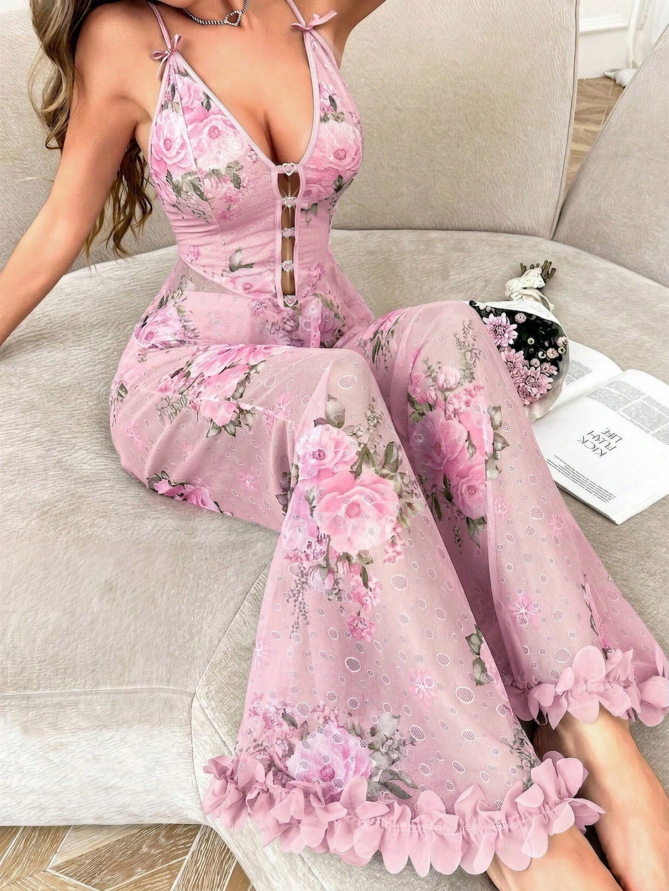 Slumberist Diamond Heart & Jacquard Jacquard Camisole Top & Pants Baby Pink