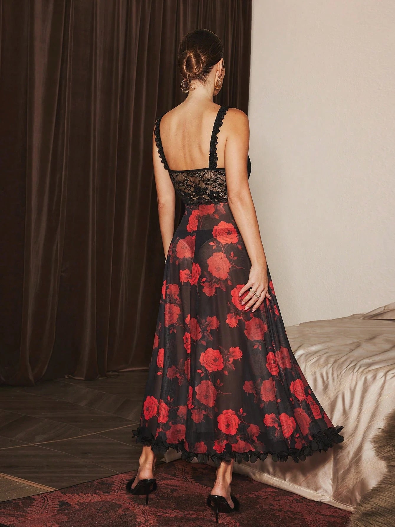 Floral Lace & Mesh Sheer Lace Splice Sexy Camisole Nightgown