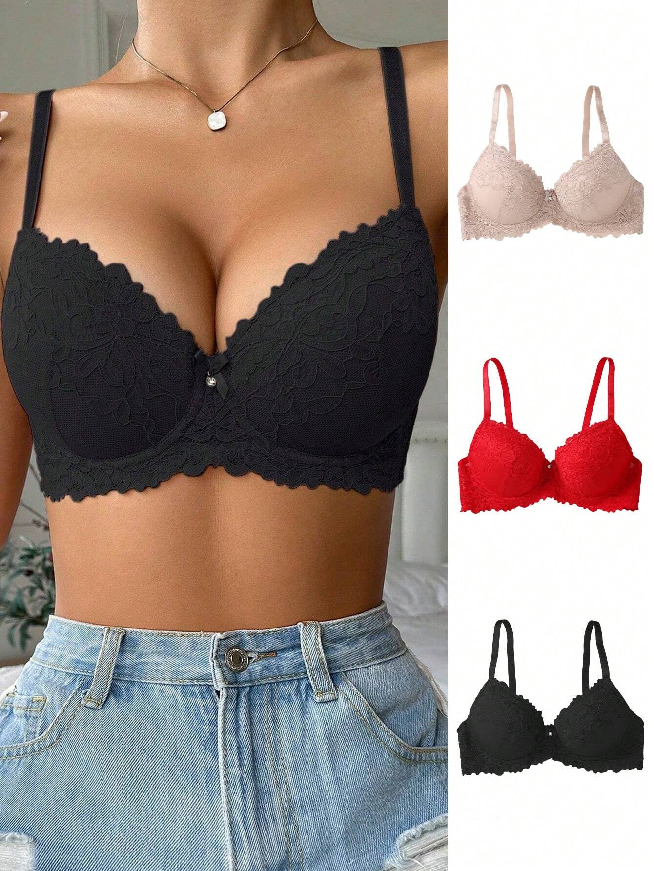 3pcs/Set Ladies' Lace Patchwork Bra With Underwire Lingerie