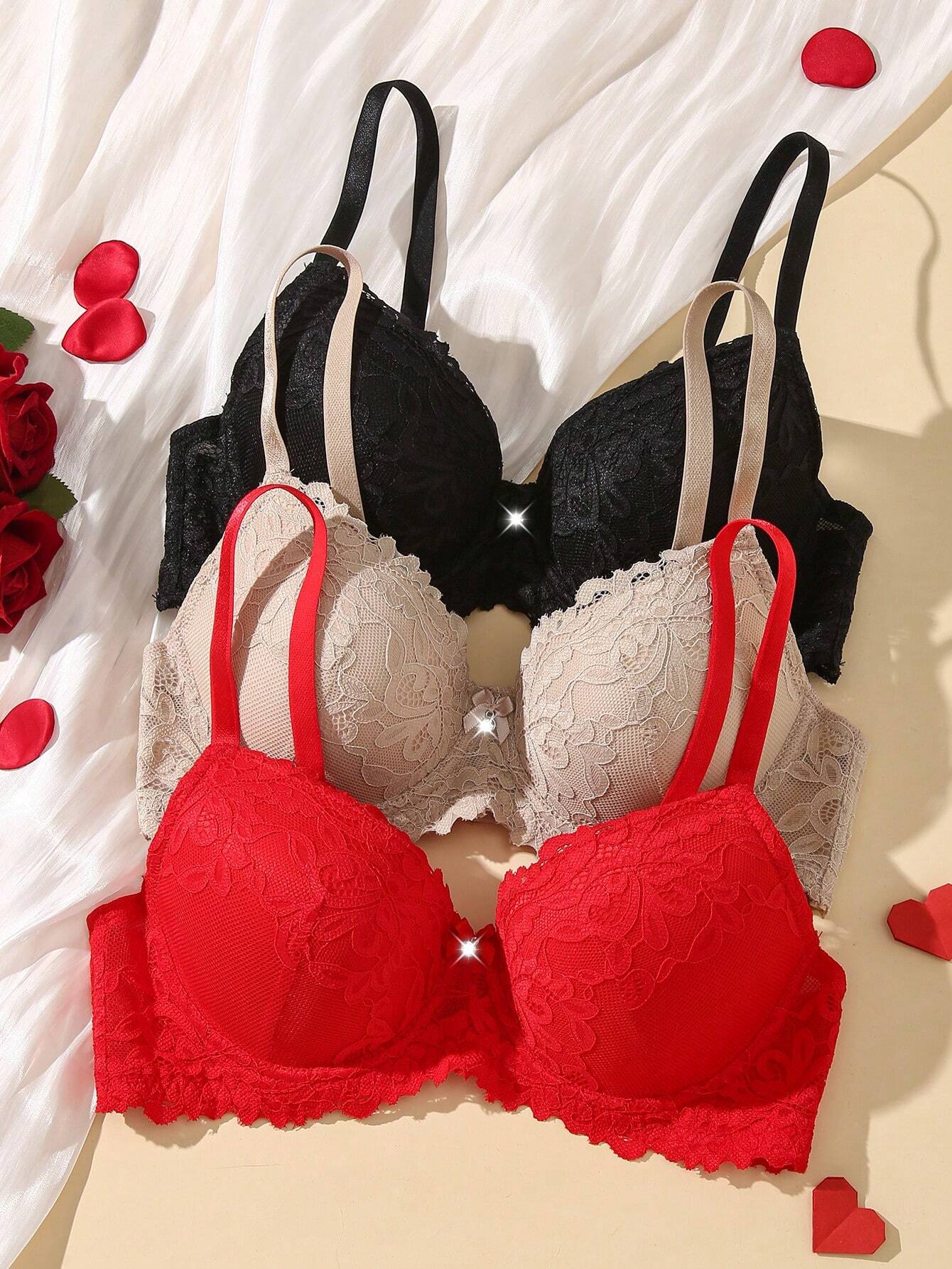 3pcs/Set Ladies' Lace Patchwork Bra With Underwire Lingerie